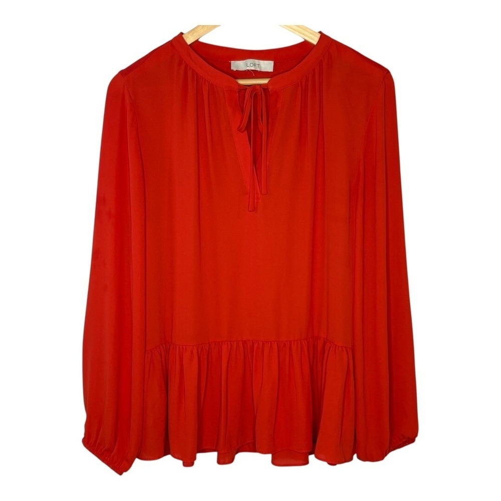 LOFT‎ Peplum Blouse Womens Large Red Long Sleeve Tie Neck Ruffle Hem Top